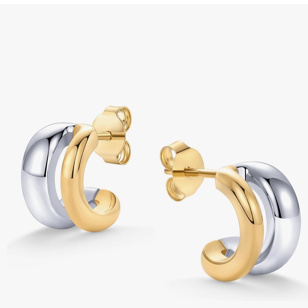 14K Gold Plated and Rhodium Plated Two Tone Double Hoop Geometric Earrings - Picture 3 of 3